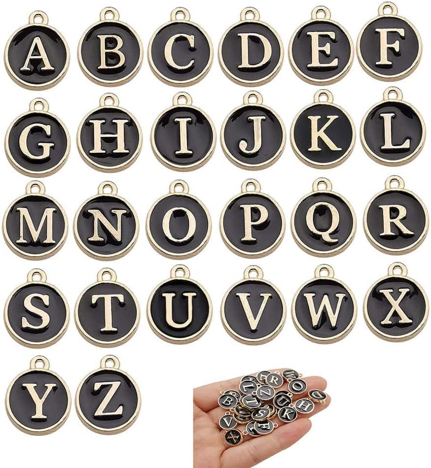 130 Pieces Mixed 5 Color Letter Beads Enamel Metal Letter Charms Double Sided Initial Pendant A-Z Alphabet Charm for Necklace Bracelet Jewelry Making HM504 Black