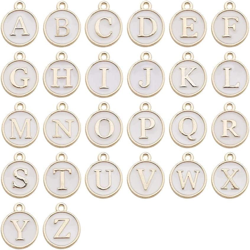 130 Pieces Mixed 5 Color Letter Beads Enamel Metal Letter Charms Double Sided Initial Pendant A-Z Alphabet Charm for Necklace Bracelet Jewelry Making HM504 White