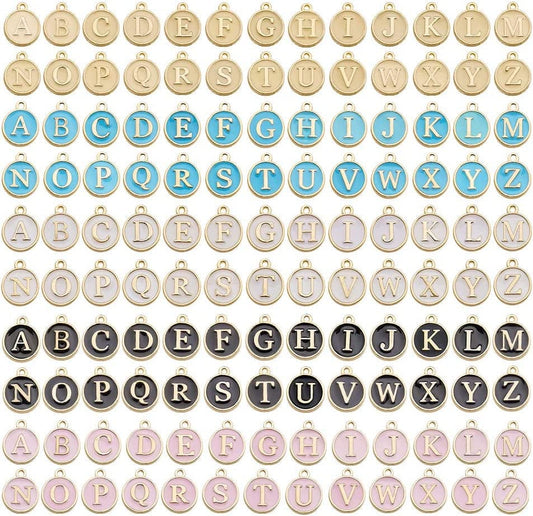 130 Pieces Mixed 5 Color Letter Beads Enamel Metal Letter Charms Double Sided Initial Pendant A-Z Alphabet Charm for Necklace Bracelet Jewelry Making HM504 Mixed 5 color