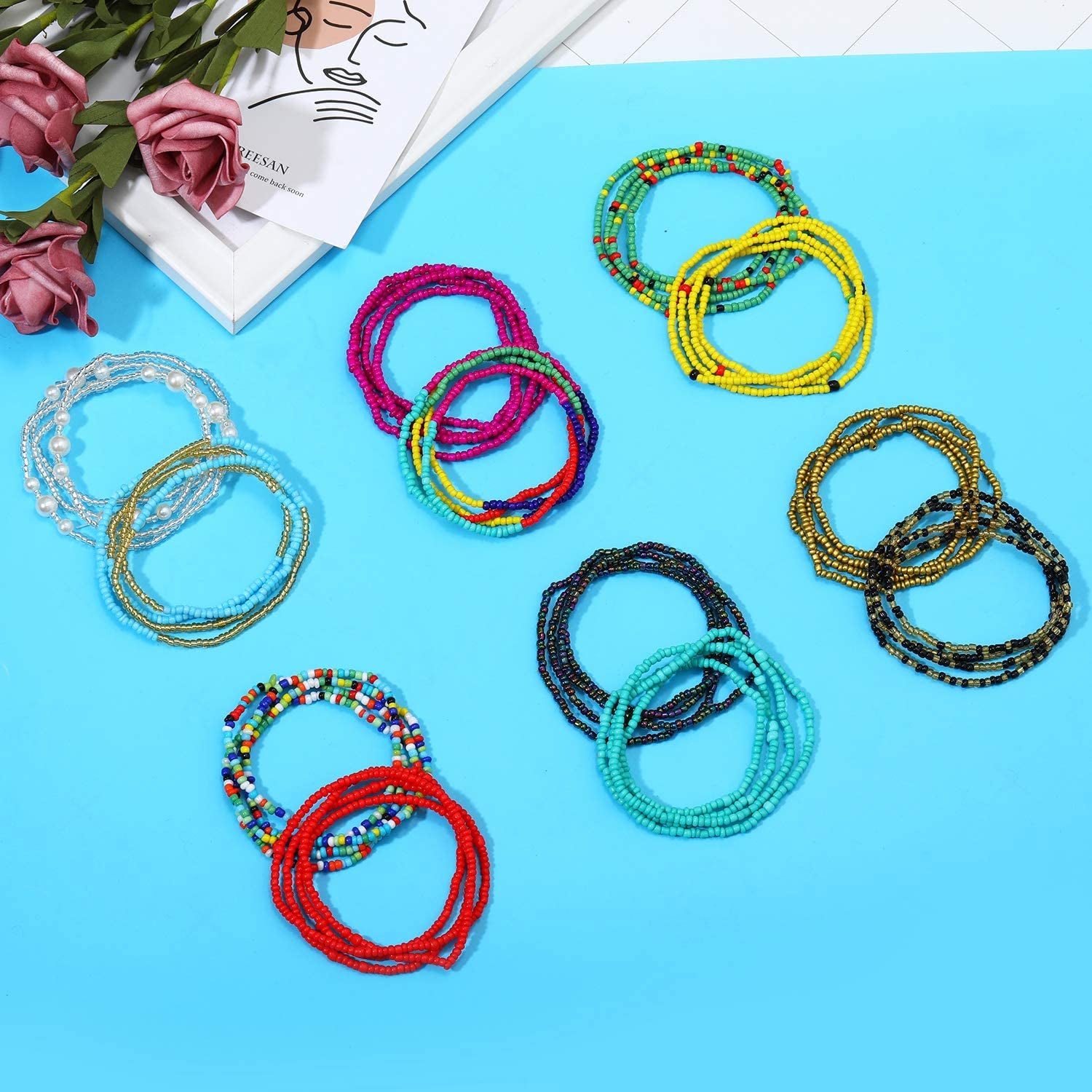 Honsny 24PCS Waist Beads for Women Colorful Belly Beads Chain Summer African Waist Bead Body Chains Bikini Jewelry Apparel & Accessories > Jewelry > Body Jewelry Honsny