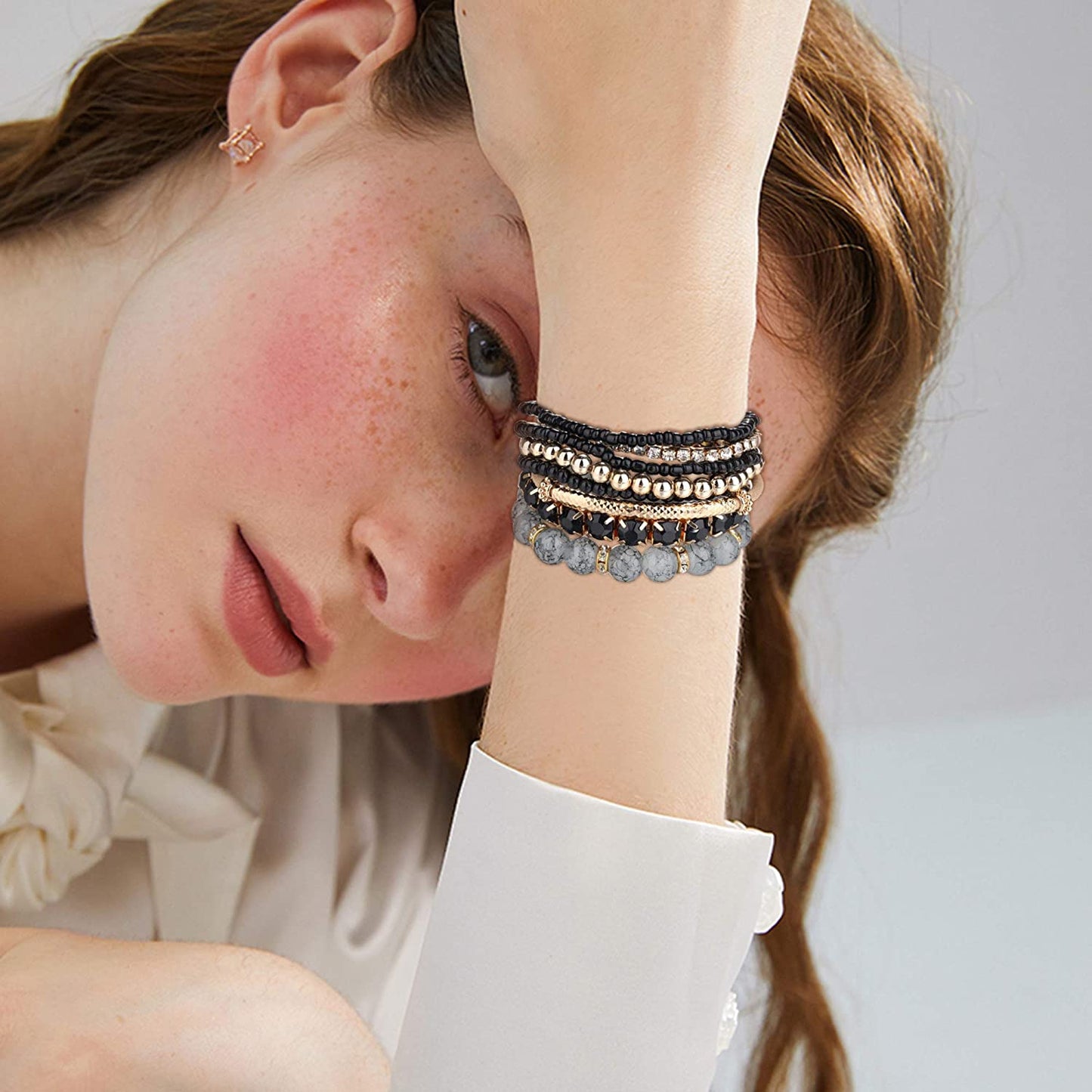 SAILIMUE 4-6 Sets Bohemian Stackable Bead Bracelets for Women Multicolor Stretch Beaded Bracelets Layered Bead Adjustable Bracelet Pink Black Turquoise Stretch Bracelets Apparel & Accessories > Jewelry > Bracelets sailimue