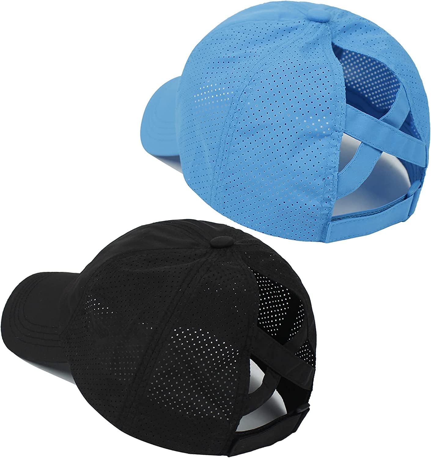 HGGE 2 Pack Womens Criss Cross Ponytail Baseball Caps Adjustable High Messy Bun Ponycap Quick Drying Hat Apparel & Accessories > Clothing Accessories > Hats HGGE Black & Blue