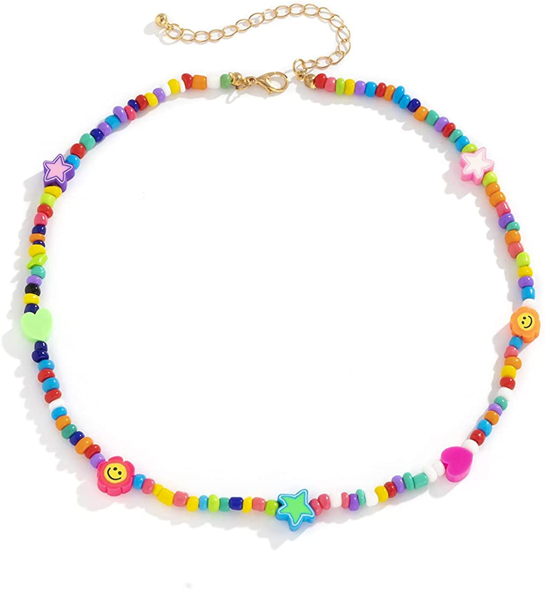 Boho Smiley Layered Beaded Necklaces with Strand Bracelet, Smile Face Star Fruits Flowers Heart Shape Beads Pearl Stackable Collar Necklace Anklet for Women Girls Vsco Summer Beach Trip Apparel & Accessories > Jewelry > Anklets Bincon D beads