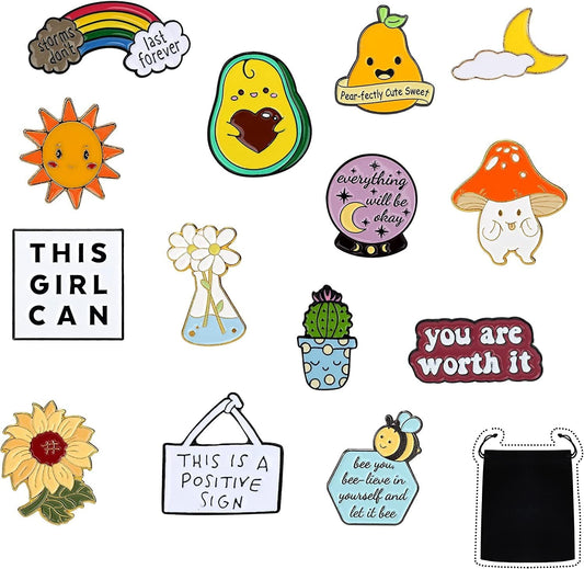 14 Pieces Positive Enamel Pins Set Motivational Enamel Lapel Pin Inspirational Cute Brooch Pin Badges for Women Clothing Bags Hats Decorations