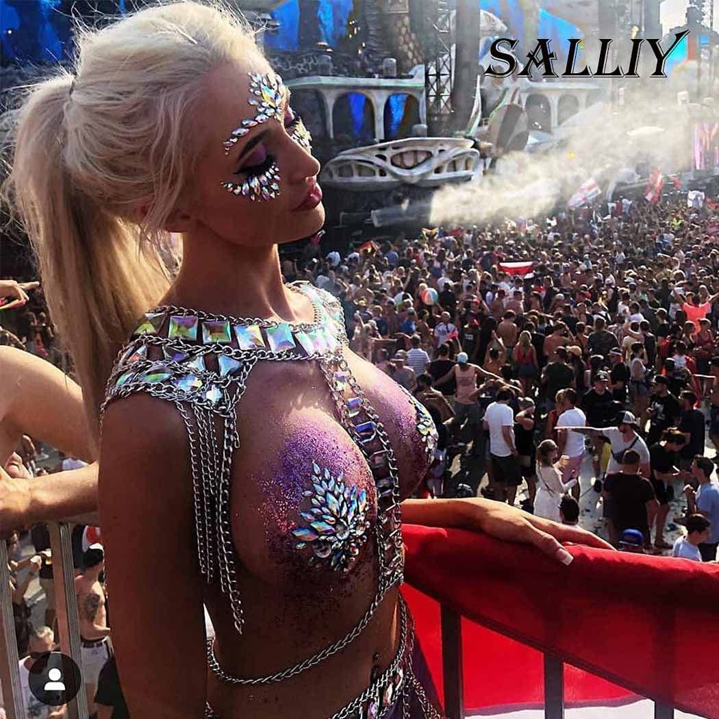 Salliy Boho Rhinestone Bikini Chain Set Silver Sexy Sequins Mesh Body Chains Summer Bra Body Jewelry for Women and Girls (Jacket) Apparel & Accessories > Jewelry > Body Jewelry Salliy
