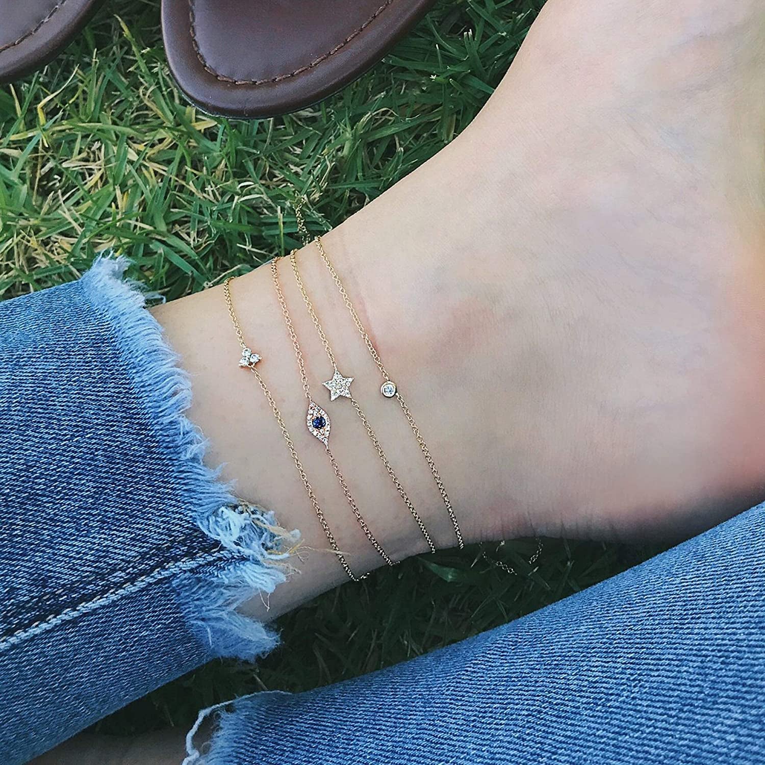 LOYATA Dainty Ankle Bracelet,14K Gold Plated Tiny Bead Anklet Dainty White Cubic Zirconia Cross Tassel Foot Chain Cute Lucky Moon Evil Eye Foot Jewelry Boho Anklets for Women Apparel & Accessories > Jewelry > Anklets LOYATA