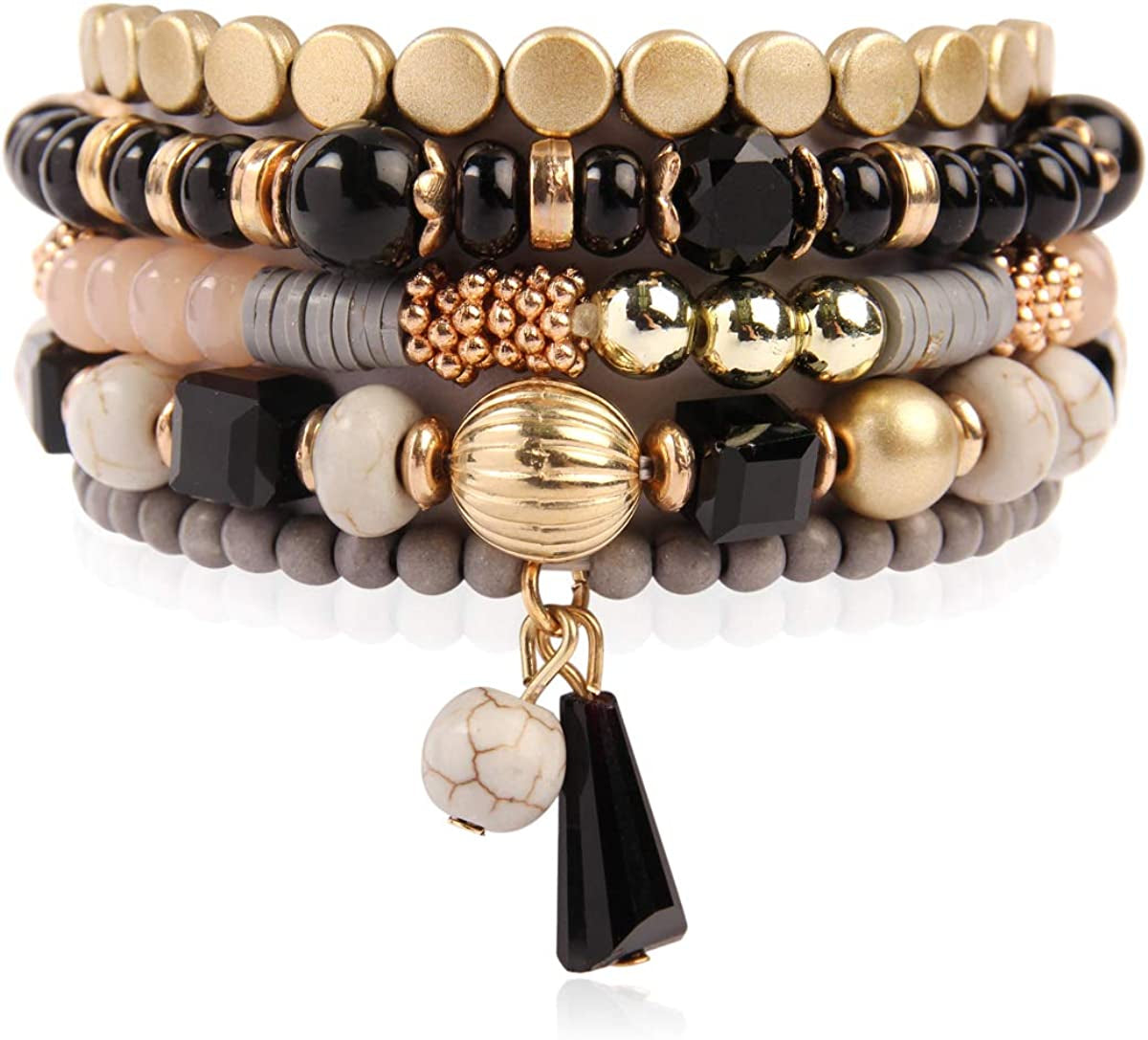 Bohemian Mix Bead Multi Layer Versatile Statement Bracelets - Stackable Beaded Strand Stretch Bangles Sparkly Crystal, Tassel Charm Apparel & Accessories > Jewelry > Bracelets RIAH FASHION Black