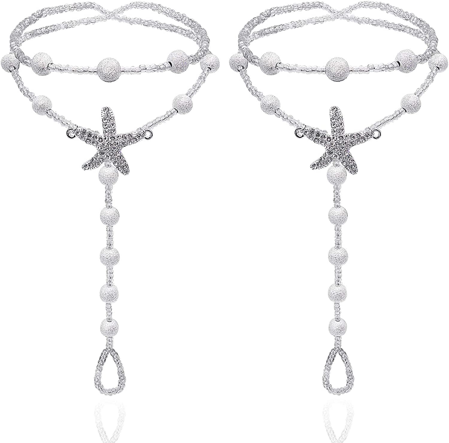 Bellady 2Pcs Pearl Ankle Chain Barefoot Sandals with Starfish Beach Wedding Foot Jewelry Apparel & Accessories > Jewelry > Anklets Bellady Silver_style 1