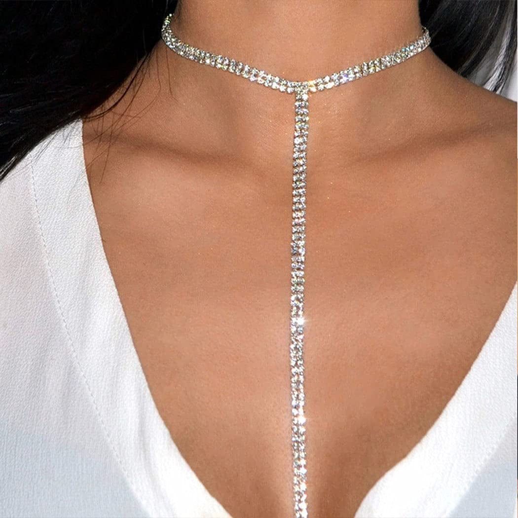 Blindery Rinestone Body Chains Jewelry Sexy Layered Body Necklace Crystal Body Necklace Nightclub Party Bikini Body Jewelry for Women and Girls Apparel & Accessories > Jewelry > Body Jewelry Blindery Silver1