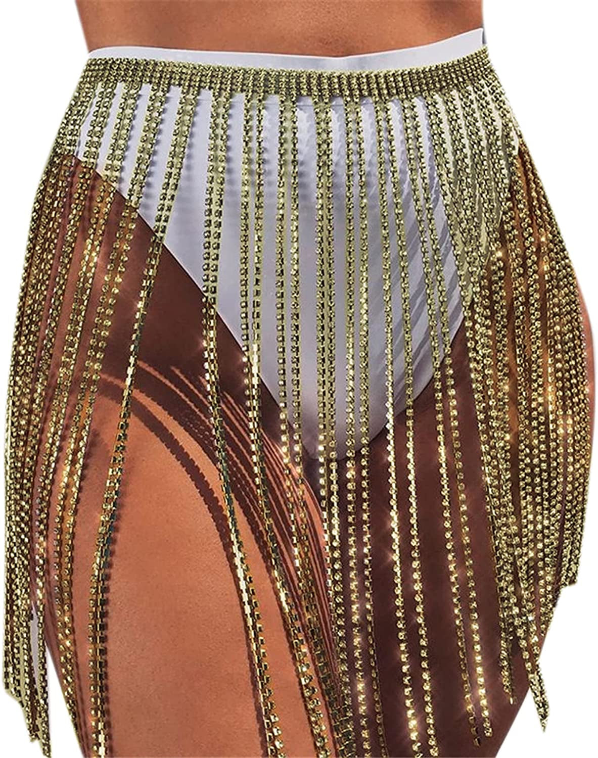 RARITYUS Women Sexy Rave Glitter Rhinestone Tassel Body Chains Skirt Waist Belt Jewelry for Party Festival Dance Nightclub Apparel & Accessories > Jewelry > Body Jewelry RARITYUS Gold Diamond Skirt