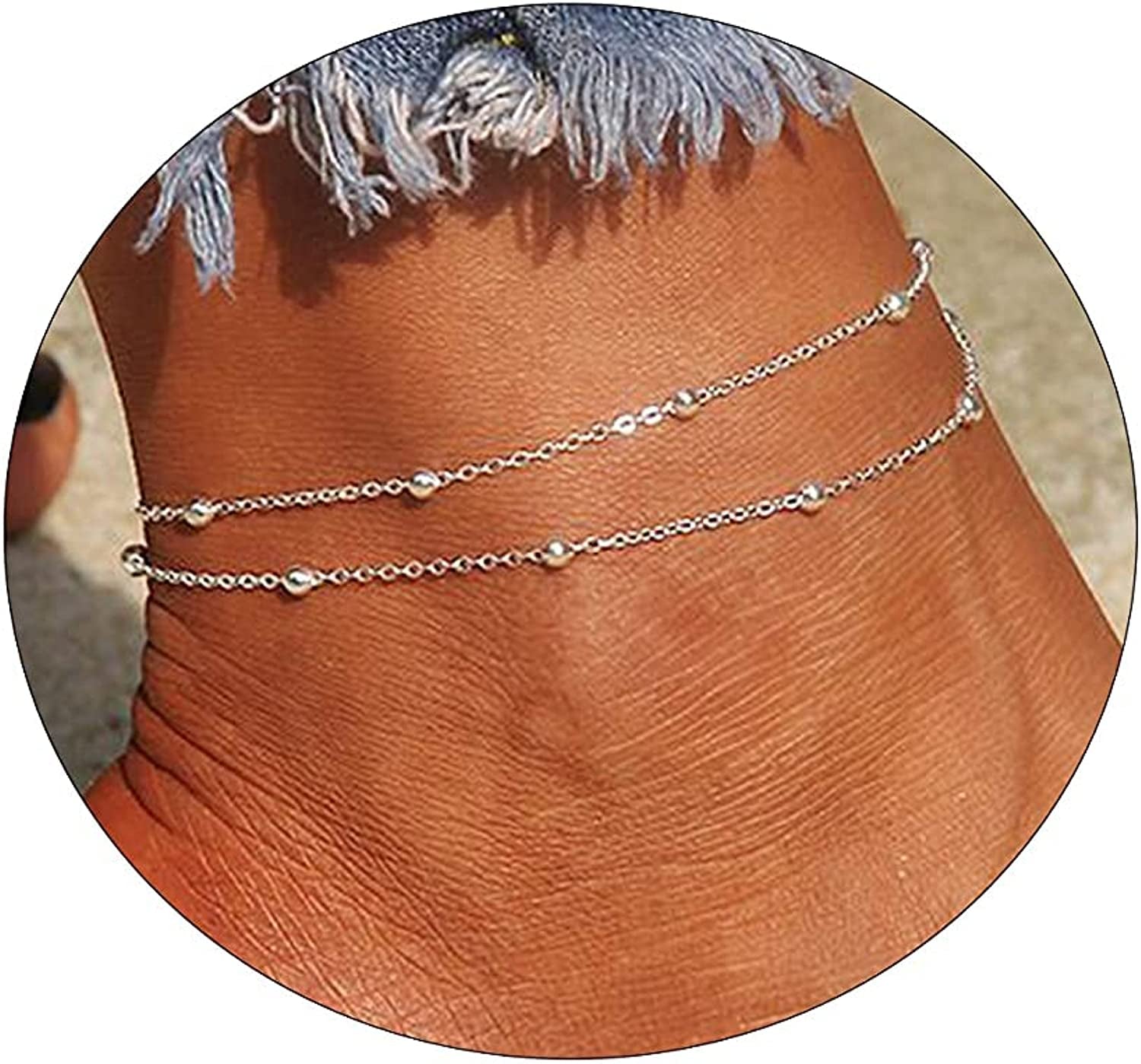 Kyerlyn Dainty Simple Chain Anklet for Women 18K Gold/Silver Plated Summer Beach Beaded Evil Eye Moon Figaro Butterfly Satellite Cuban Pearl Flat Marina Anklet Gift Apparel & Accessories > Jewelry > Anklets Kyerlyn Layered Beaded-SL