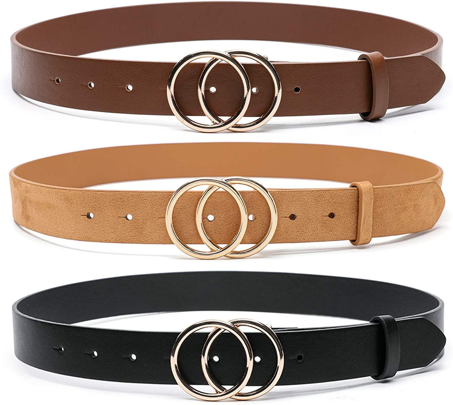 MORELESS 3 Pack Women'S Faux Leather Belts for Jeans Dress Pants, Fashion Waist Belts with Double O-Ring Buckle Apparel & Accessories > Clothing Accessories > Belts MORELESS Black+ Brown+khaki Suit waistline 27"-30"
