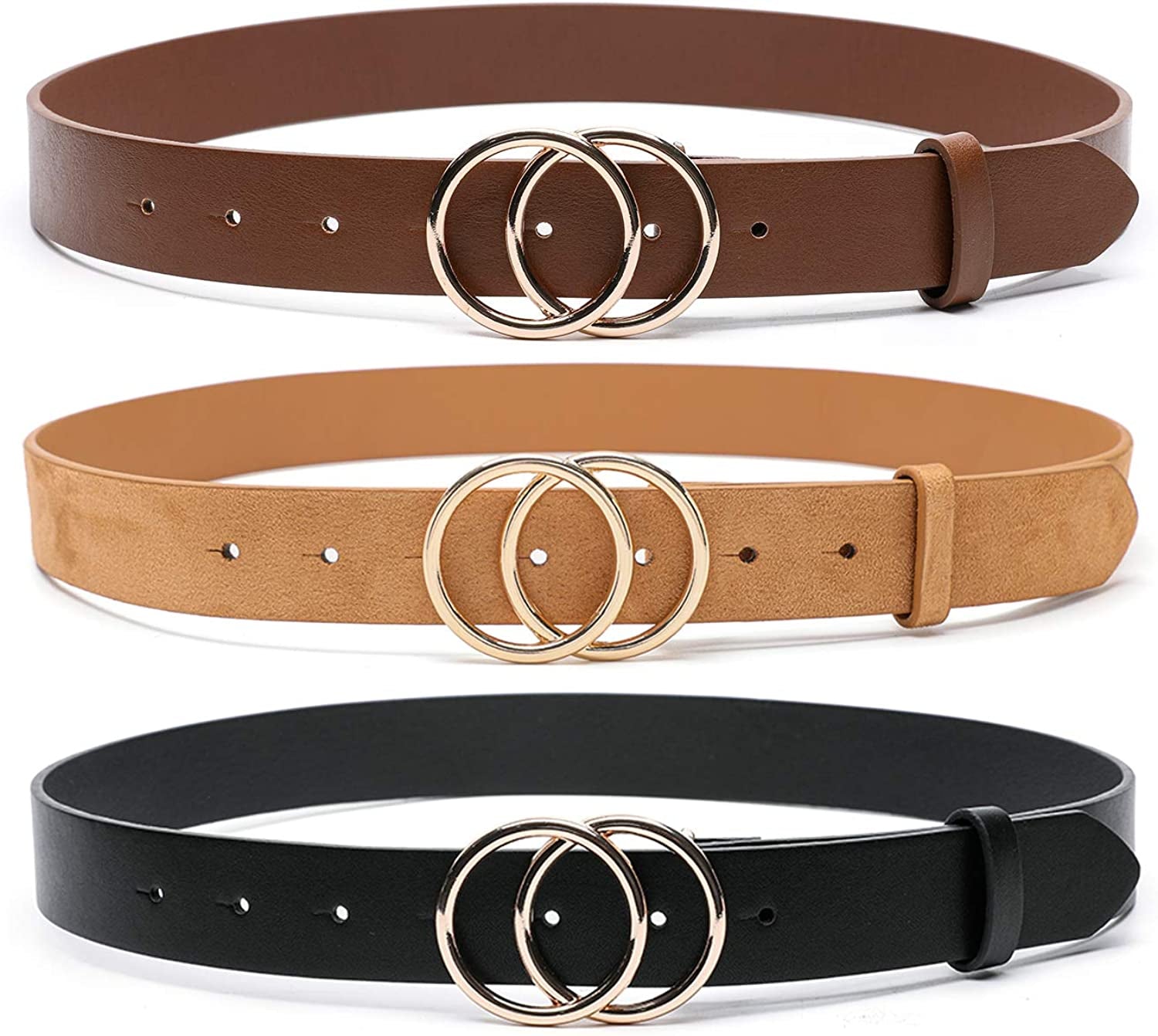 MORELESS 3 Pack Women'S Faux Leather Belts for Jeans Dress Pants, Fashion Waist Belts with Double O-Ring Buckle Apparel & Accessories > Clothing Accessories > Belts MORELESS Black+ Brown+khaki Suit waistline 27"-30"