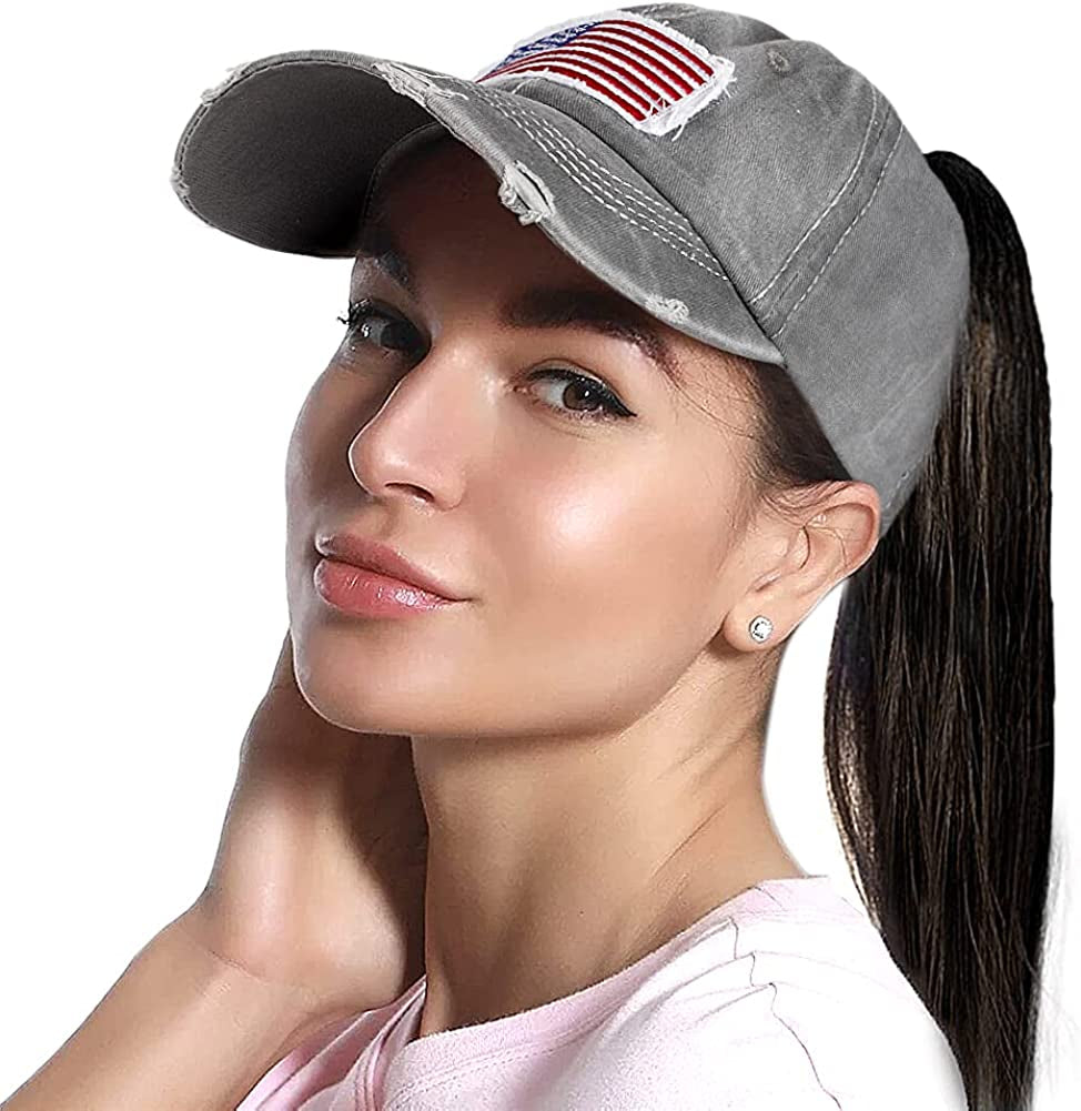 Lvaiz Womens Distressed Baseball Cap Mens Mesh Back Sport Hat Versatile Washed Dad Hat with Ponytail Hole Apparel & Accessories > Clothing Accessories > Hats Lvaiz Vigor Flag Mesh Grey One Size