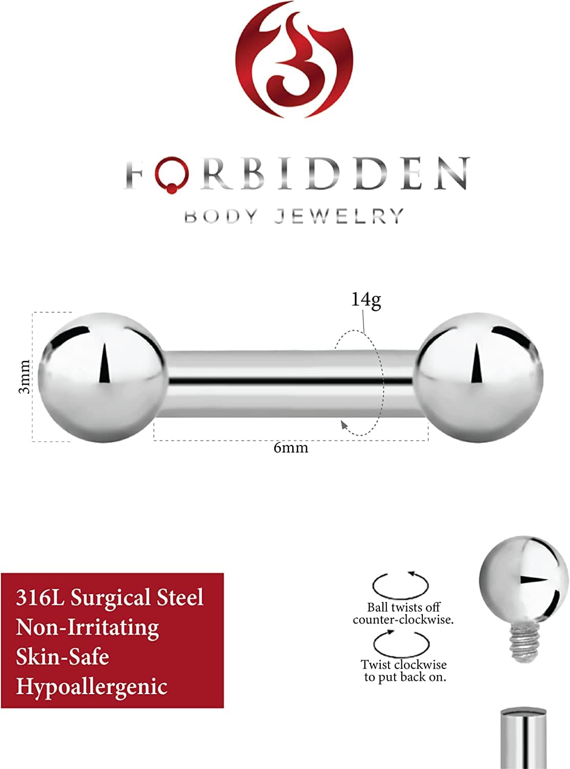 14G-16G Internally Threaded Titanium Straight Barbell Body Piercing Jewelry (Sold Individually) Apparel & Accessories > Jewelry > Body Jewelry Forbidden Body Jewelry
