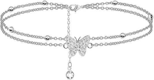 14K Butterfly Silver Anklets for Women - Adjustable Layered Women'S Anklets - Jewelry Anklet Gifts for Women Teen Girls Apparel & Accessories > Jewelry > Anklets TENGYUE