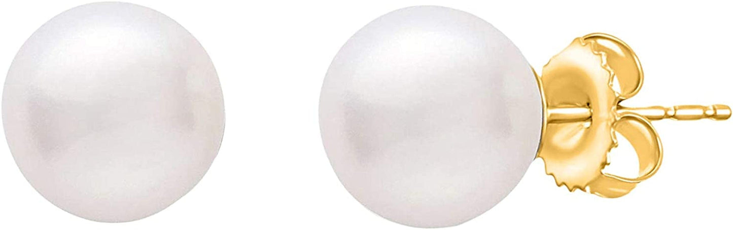 14K Gold AAAA round White Freshwater Cultured Pearl Classic Bridal Stud Earrings - Choice of Sizes & Gold Color