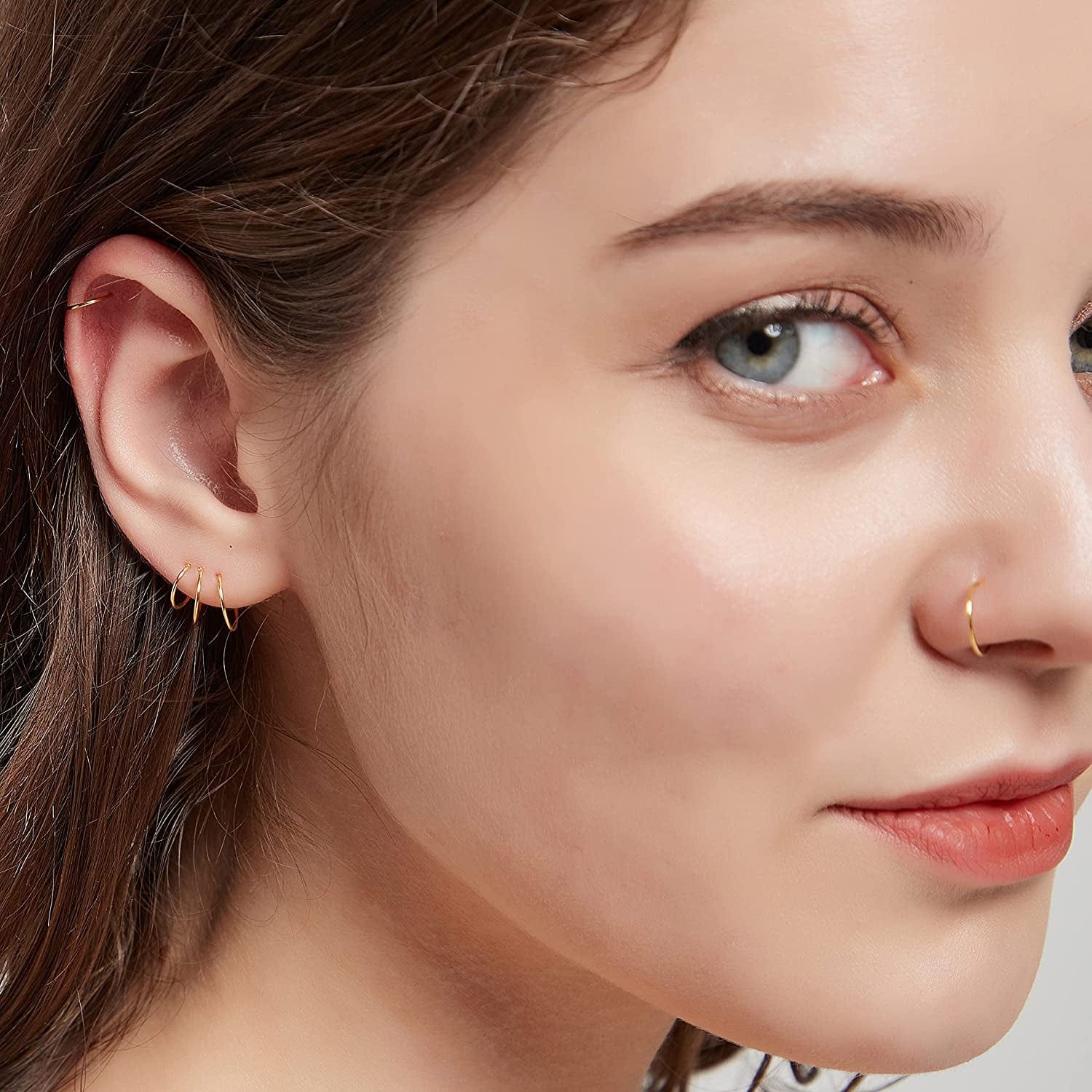 14K Gold Filled Small Hoop Earrings for Cartilage Nose, Tiny Thin 7Mm Piercing Hoop Ring 22 Gauge