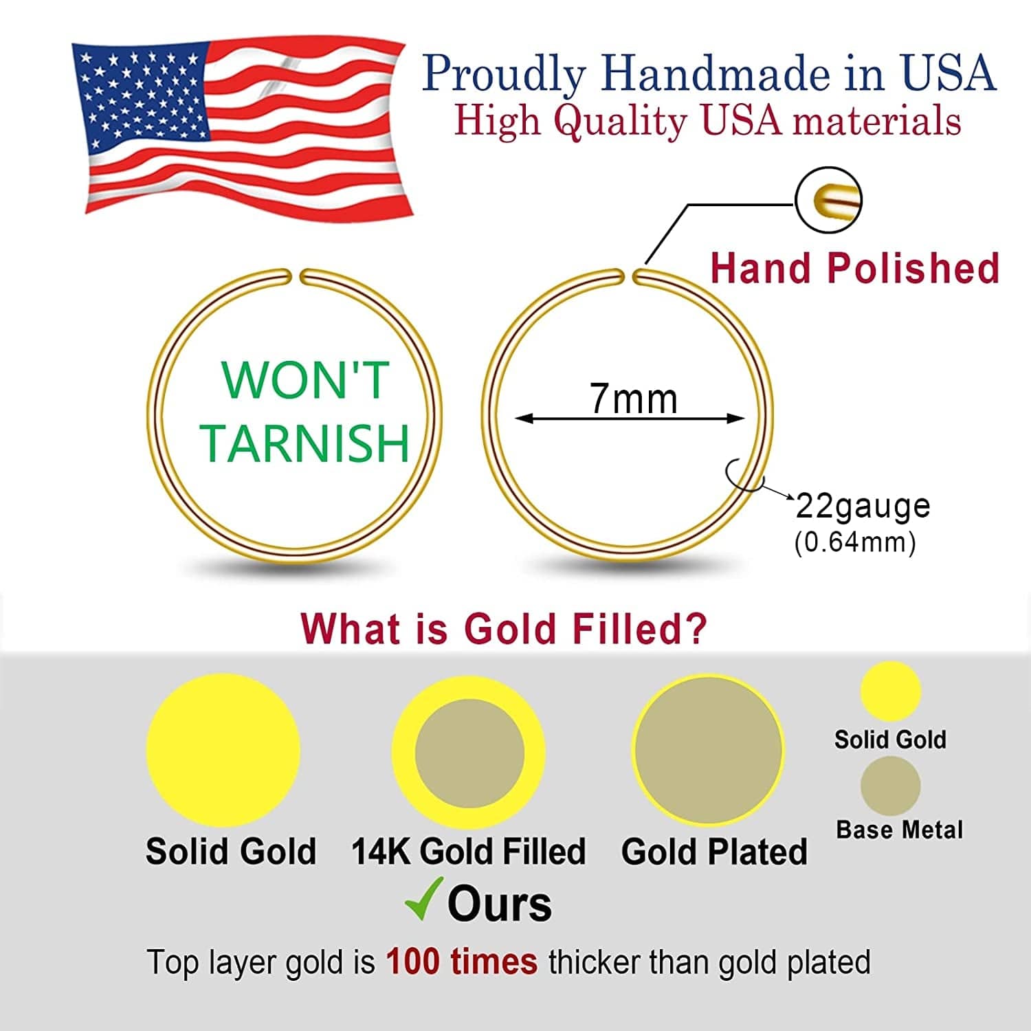 14K Gold Filled Small Hoop Earrings for Cartilage Nose, Tiny Thin 7Mm Piercing Hoop Ring 22 Gauge