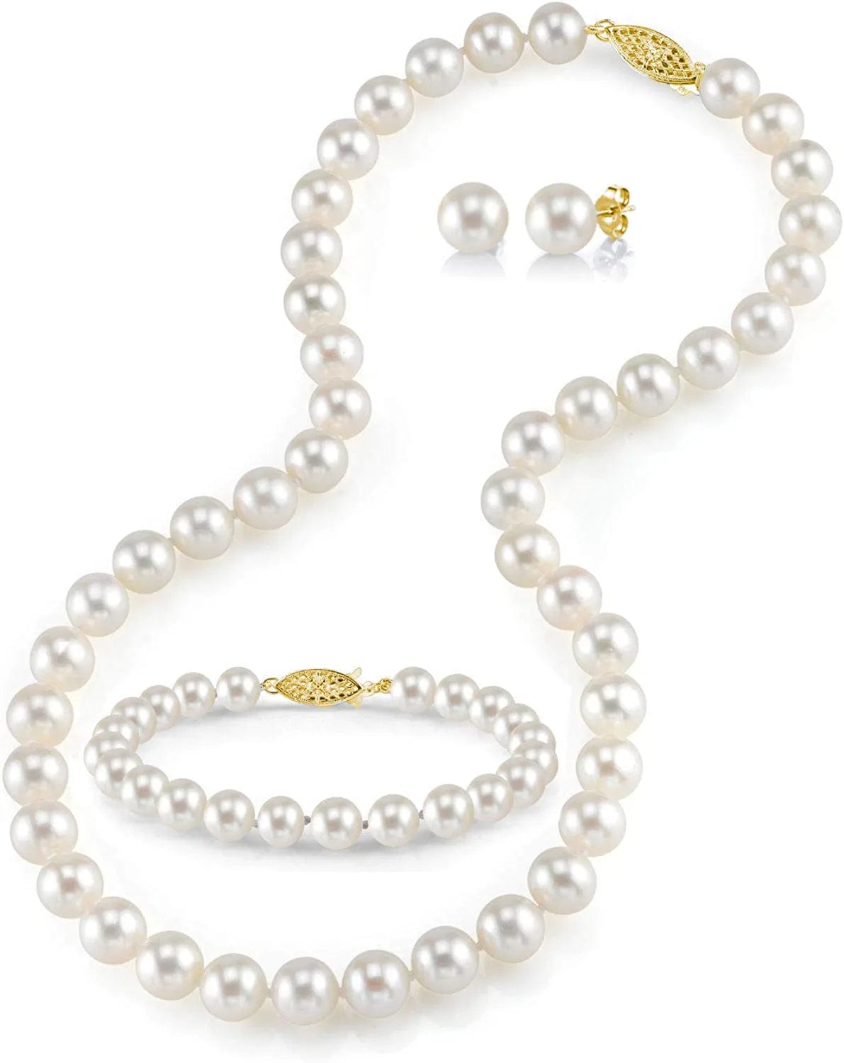 14K Gold Pearl Jewelry Set for Women - Freshwater Pearl Necklace and Earring Set with Pearl Bracelet | Genuine Cultured Pearls - the PEARL SOURCE 8.5-9.5mm / Yellow Gold