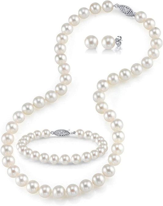 14K Gold Pearl Jewelry Set for Women - Freshwater Pearl Necklace and Earring Set with Pearl Bracelet | Genuine Cultured Pearls - the PEARL SOURCE 7.0-8.0mm / White Gold