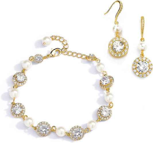 14K Gold & Pearl round CZ Bridal Bracelet & Earrings Set - Wedding Jewelry Sets for Bridesmaids