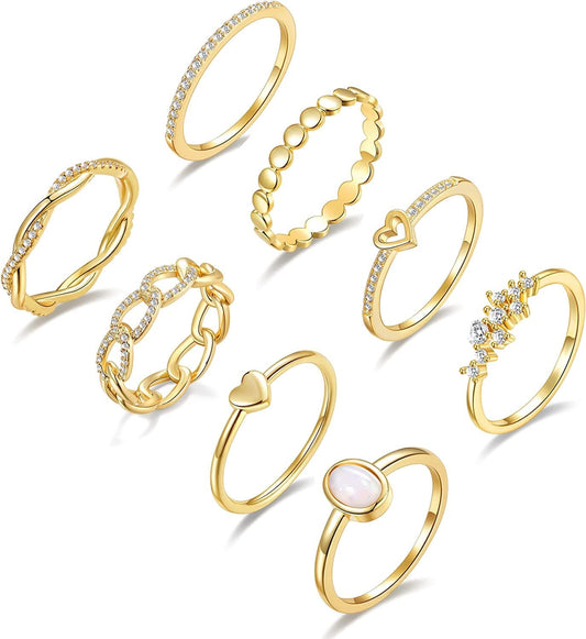 14K Gold Plate Rings for Women Pack Thin Stacking Gold Ring CZ Heart Rings Simple Cute Dainty Trendy Gold Rings for Women Gold Tone / 6