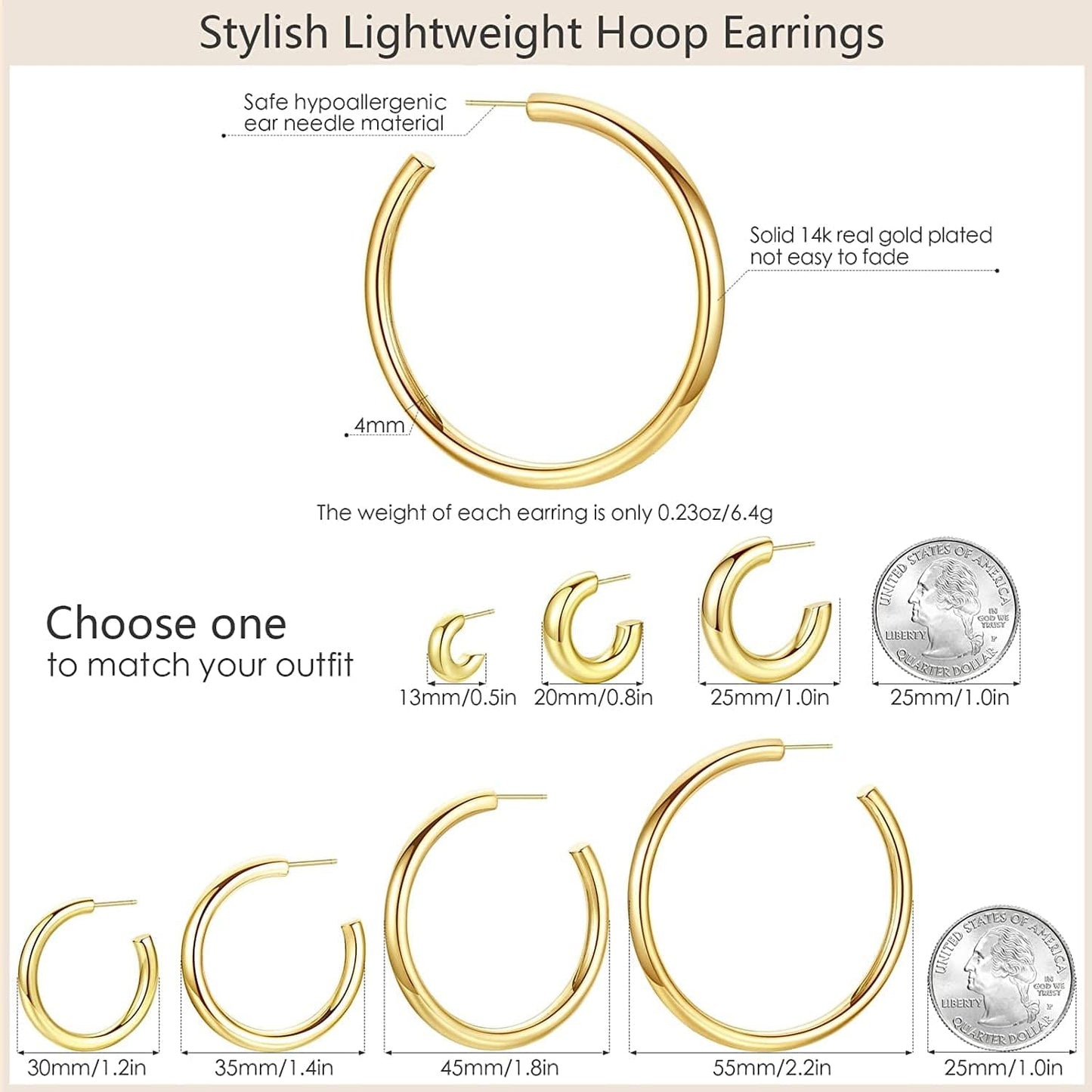 14K Gold Plated Chunky Gold Hoops High Polished Gold Hoop Earrings for Women