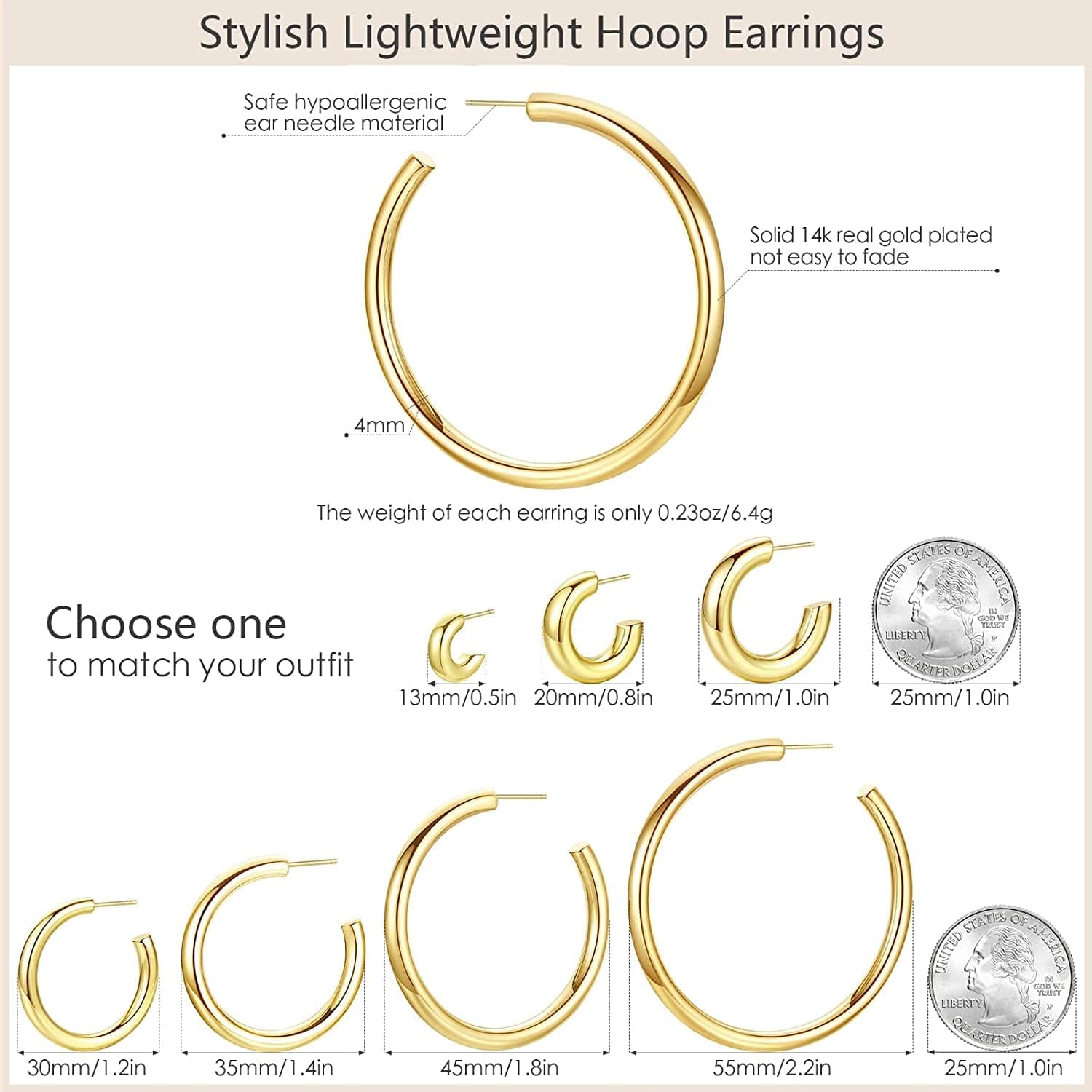 14K Gold Plated Chunky Gold Hoops High Polished Gold Hoop Earrings for Women