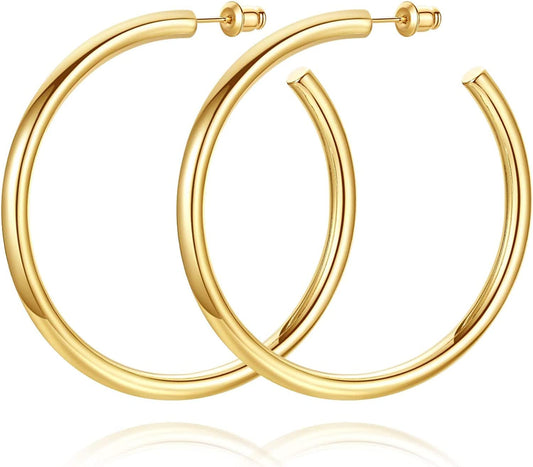 14K Gold Plated Chunky Gold Hoops High Polished Gold Hoop Earrings for Women Gold-55mm
