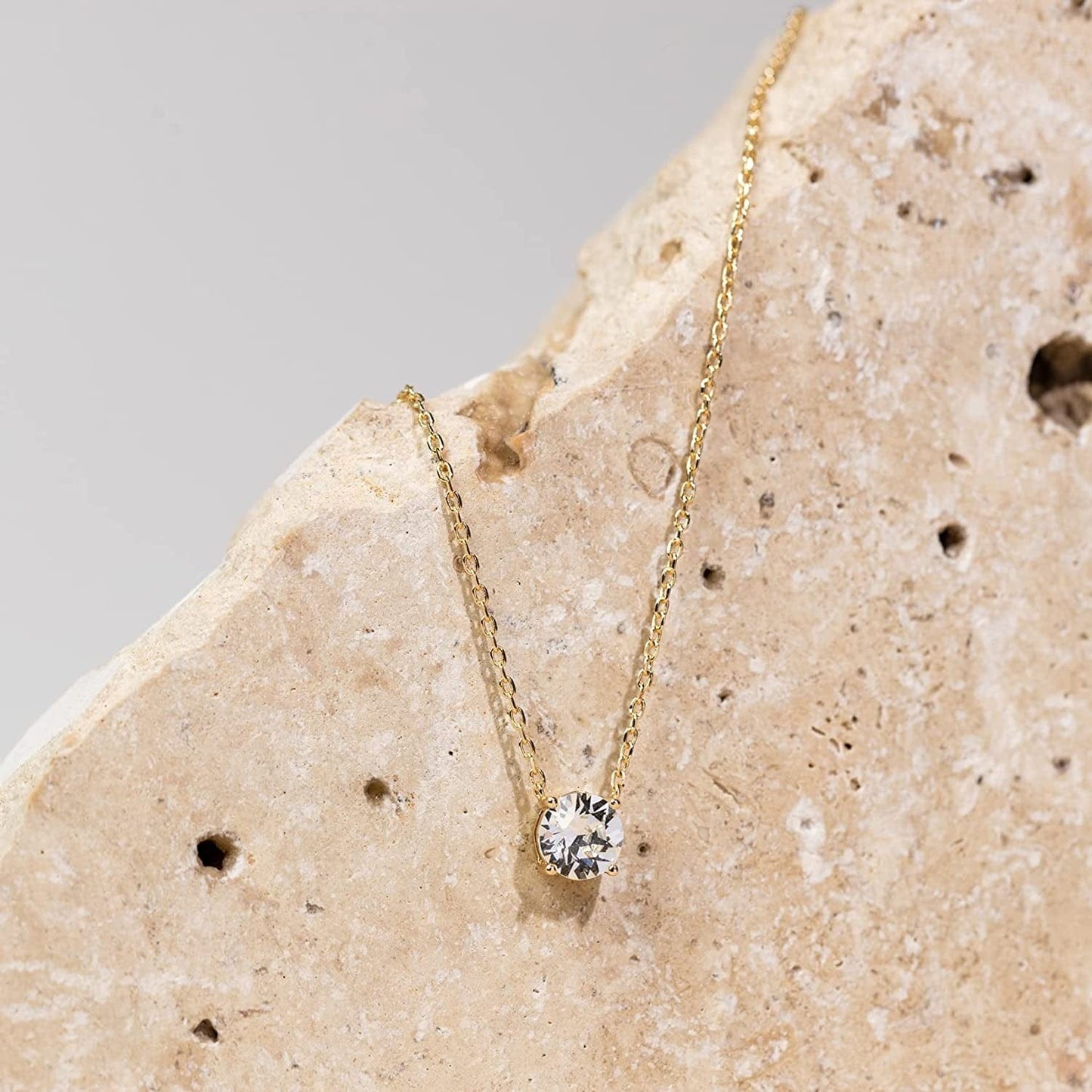 14K Gold Plated Crystal Solitaire 1.5 Carat (7.3Mm) CZ Dainty Choker Necklace | Gold Necklaces for Women