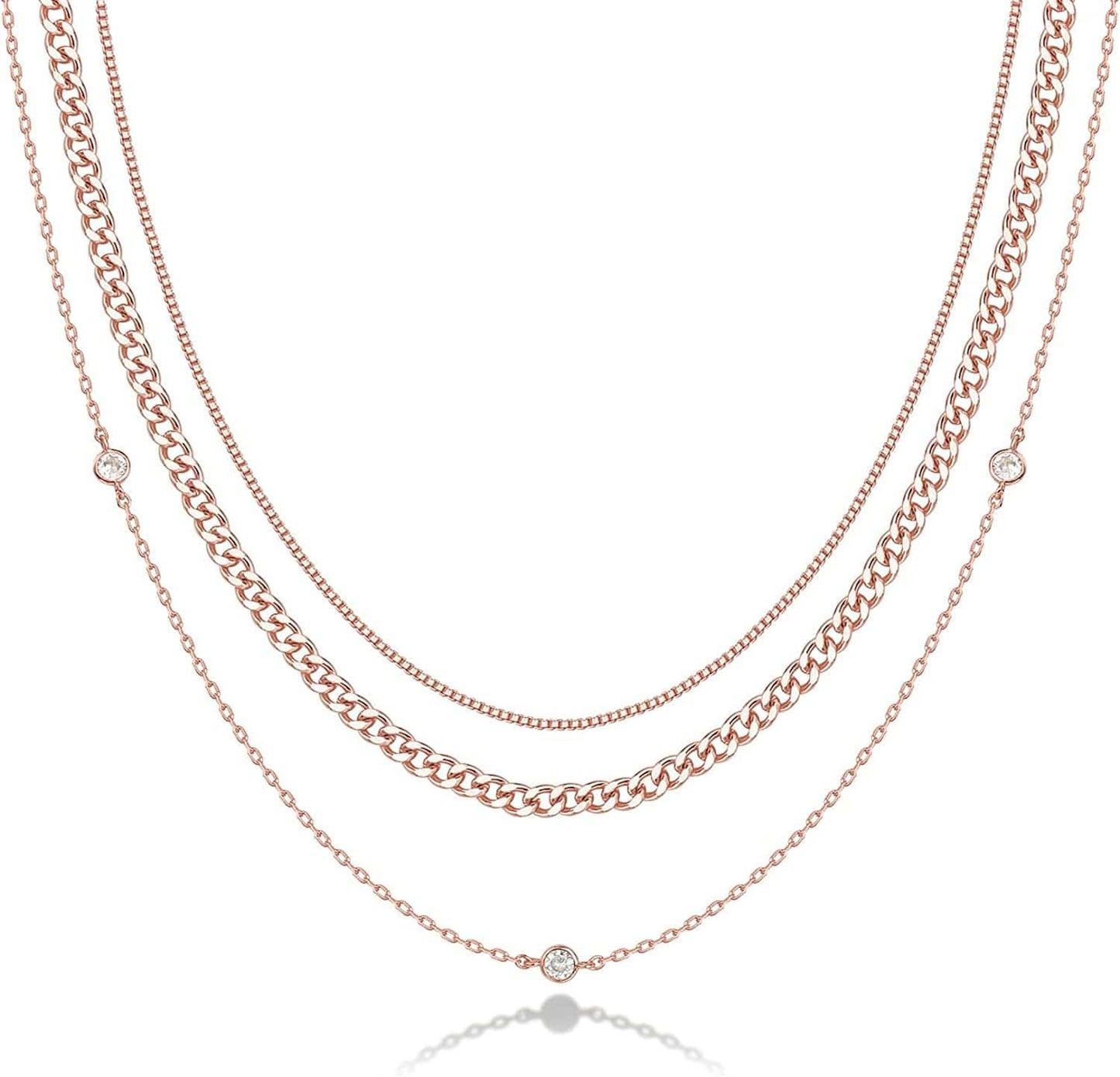 14K Gold Plated Dainty Layering Necklaces for Women | Snake Chain, Curb Link, Paperclip Layered Chains Diamond Station / Rose Gold