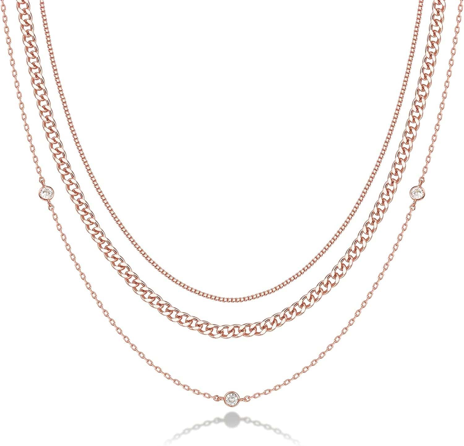 14K Gold Plated Dainty Layering Necklaces for Women | Snake Chain, Curb Link, Paperclip Layered Chains Diamond Station / Rose Gold