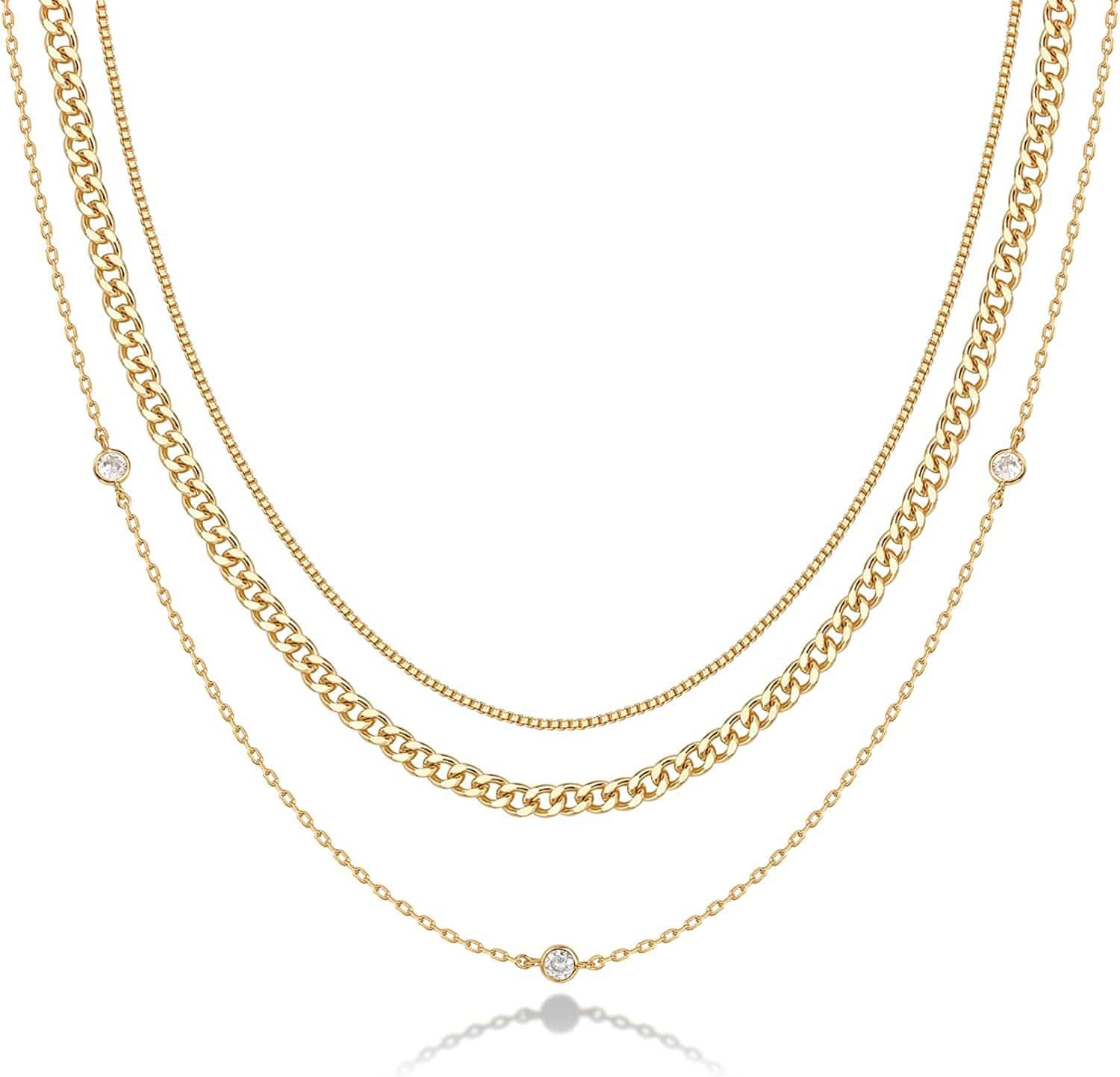 14K Gold Plated Dainty Layering Necklaces for Women | Snake Chain, Curb Link, Paperclip Layered Chains Diamond Station / Yellow Gold