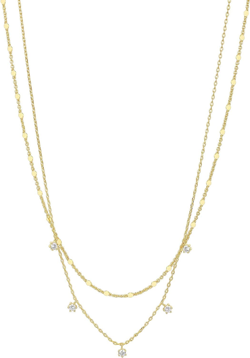 14K Gold Plated Dainty Layering Necklaces for Women | Snake Chain, Curb Link, Paperclip Layered Chains CZ / Yellow Gold