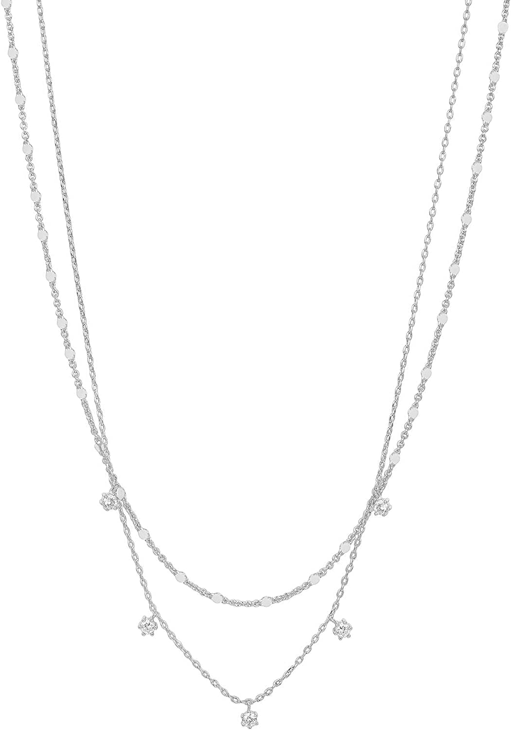 14K Gold Plated Dainty Layering Necklaces for Women | Snake Chain, Curb Link, Paperclip Layered Chains CZ / White Gold