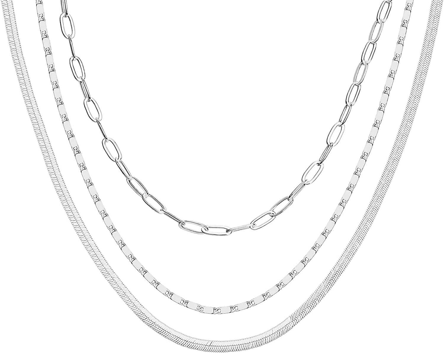 14K Gold Plated Dainty Layering Necklaces for Women | Snake Chain, Curb Link, Paperclip Layered Chains Triple / White Gold