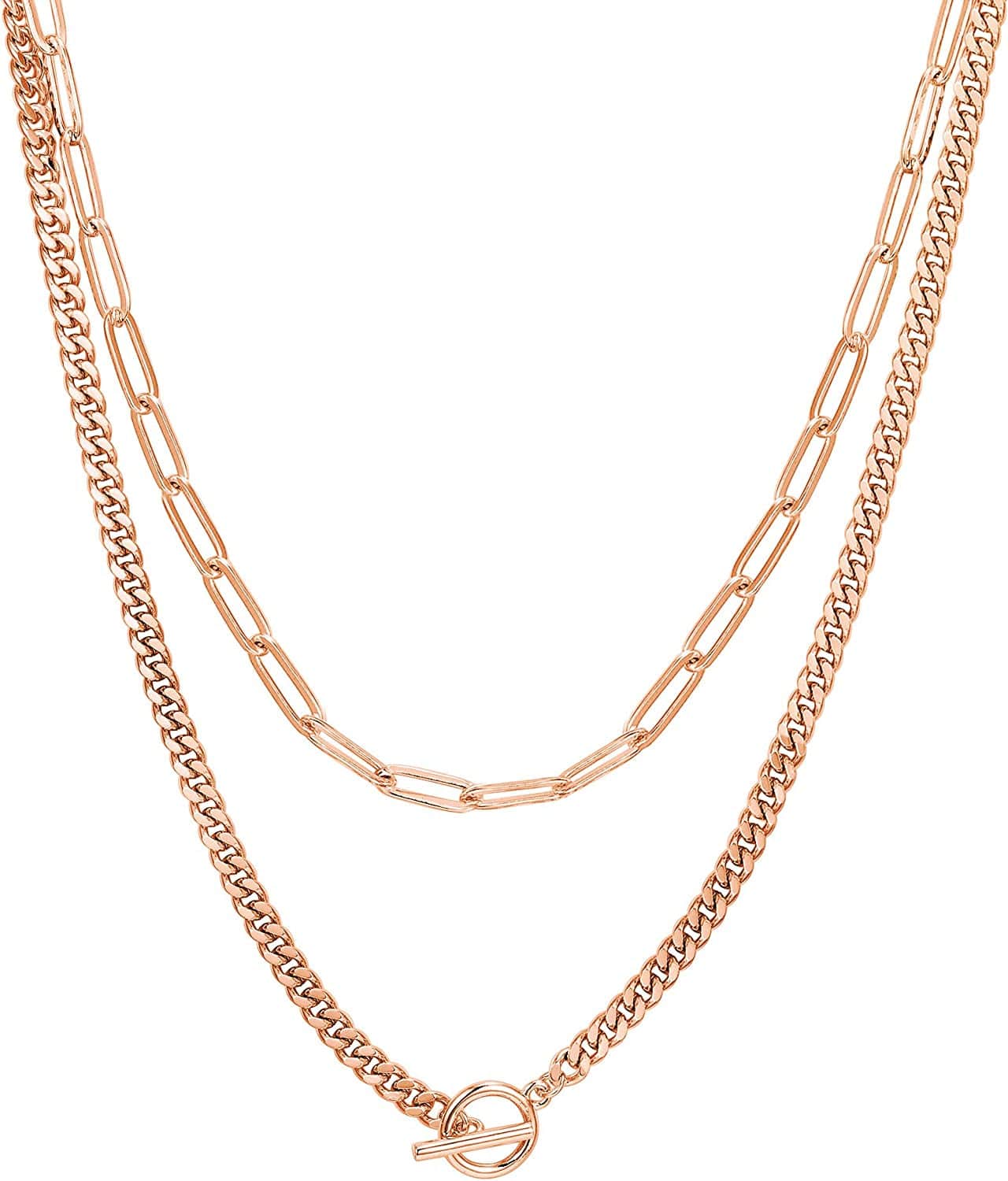 14K Gold Plated Dainty Layering Necklaces for Women | Snake Chain, Curb Link, Paperclip Layered Chains Lock / Rose Gold