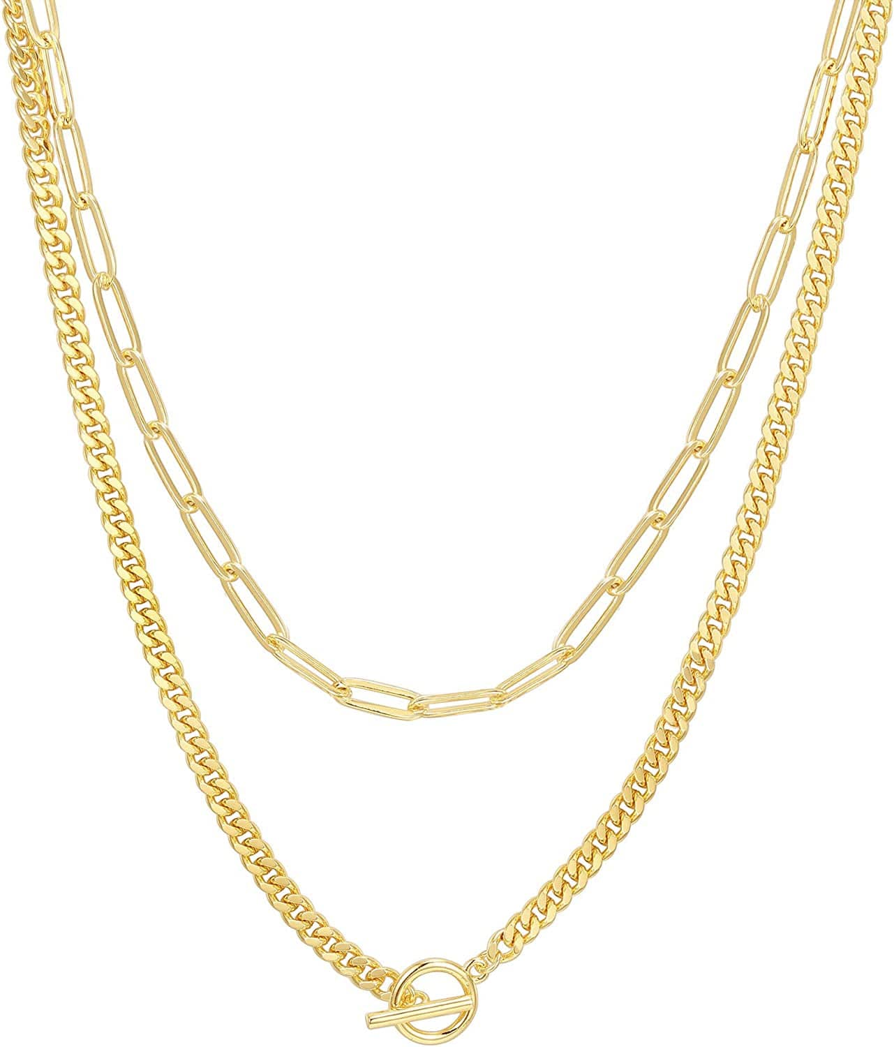 14K Gold Plated Dainty Layering Necklaces for Women | Snake Chain, Curb Link, Paperclip Layered Chains Lock / Yellow Gold