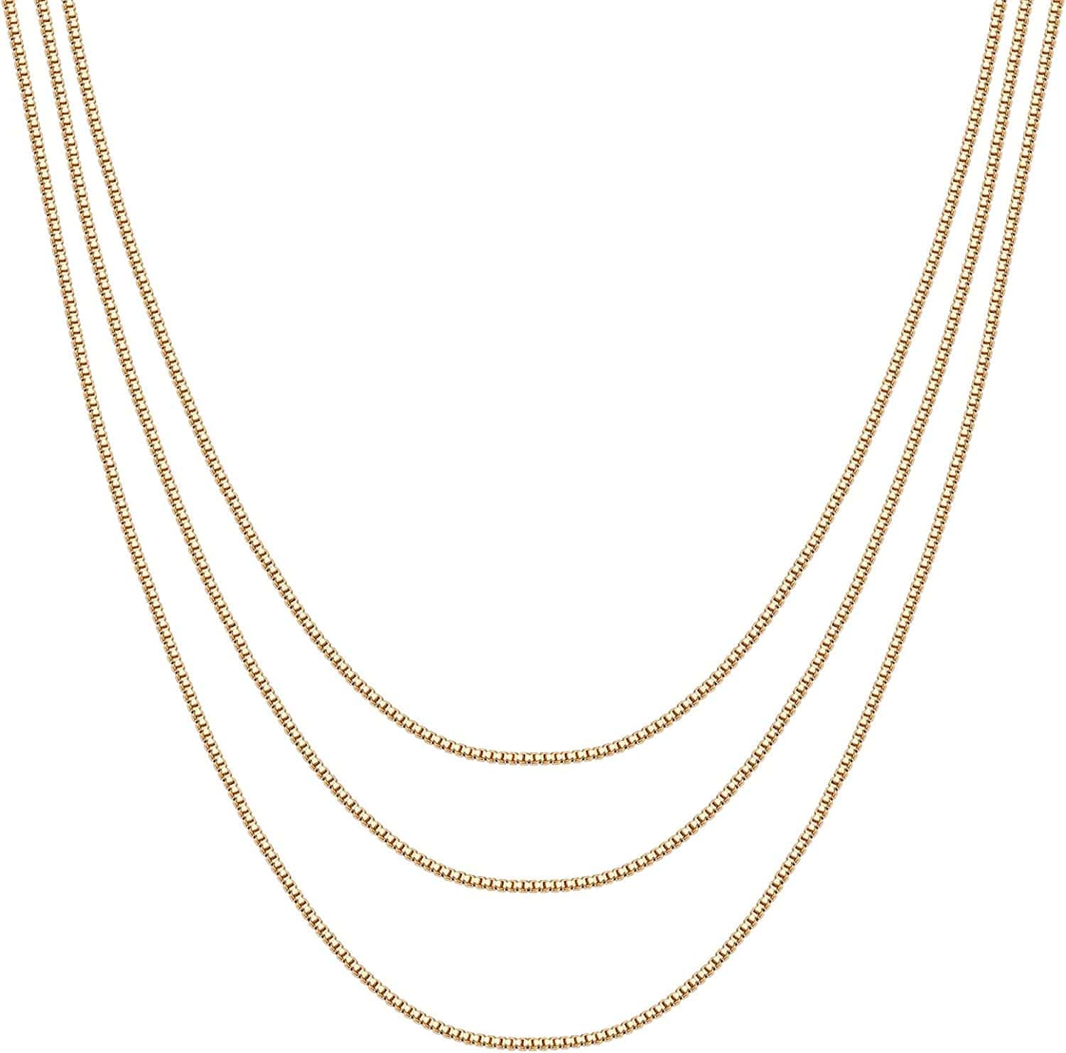 14K Gold Plated Dainty Layering Necklaces for Women | Snake Chain, Curb Link, Paperclip Layered Chains Box / Yellow Gold