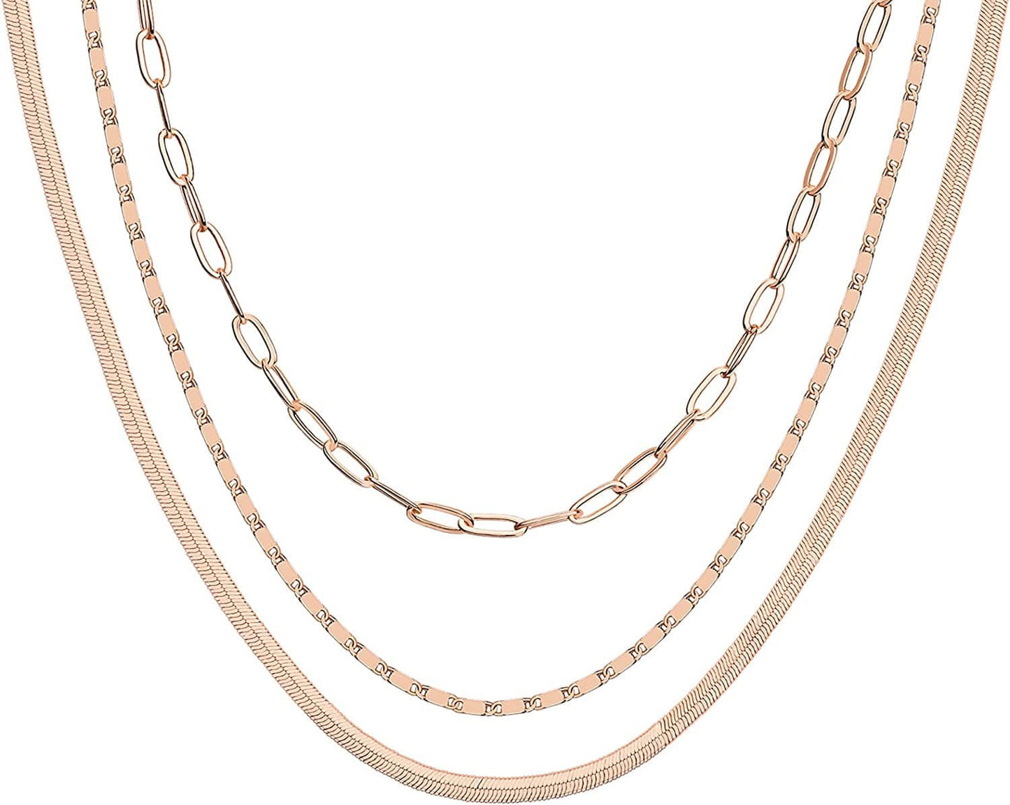 14K Gold Plated Dainty Layering Necklaces for Women | Snake Chain, Curb Link, Paperclip Layered Chains Triple / Rose Gold