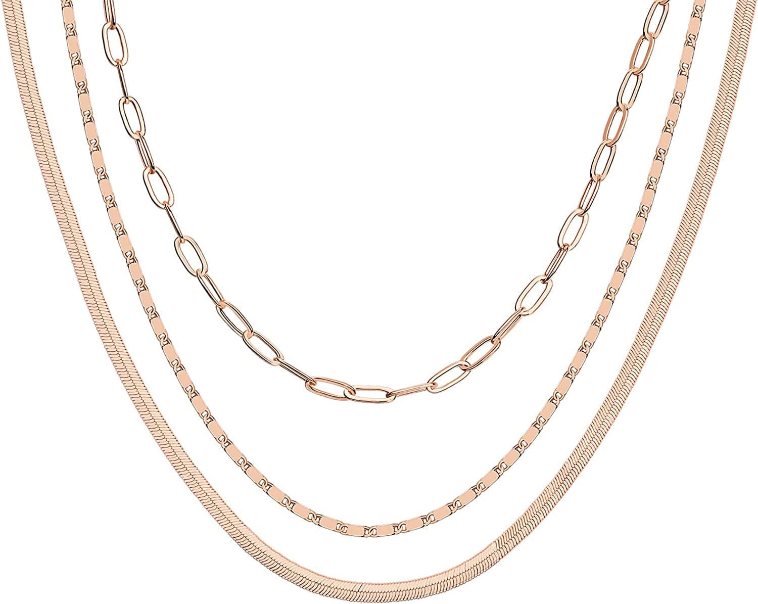 14K Gold Plated Dainty Layering Necklaces for Women | Snake Chain, Curb Link, Paperclip Layered Chains Triple / Rose Gold