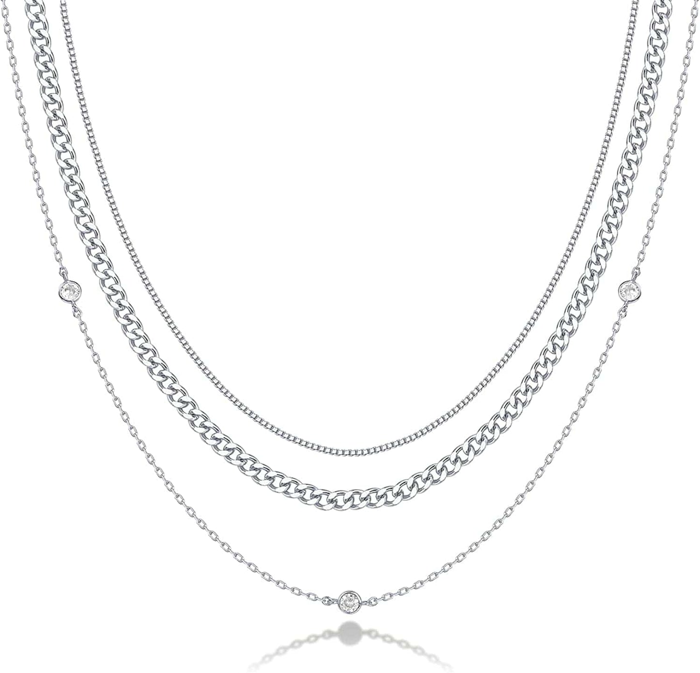 14K Gold Plated Dainty Layering Necklaces for Women | Snake Chain, Curb Link, Paperclip Layered Chains Diamond Station / White Gold