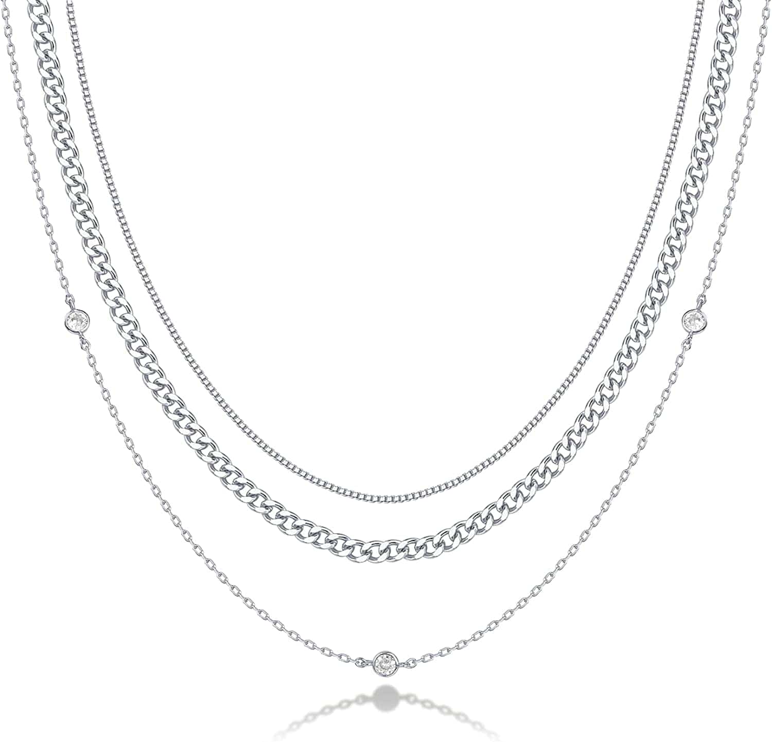 14K Gold Plated Dainty Layering Necklaces for Women | Snake Chain, Curb Link, Paperclip Layered Chains Diamond Station / White Gold
