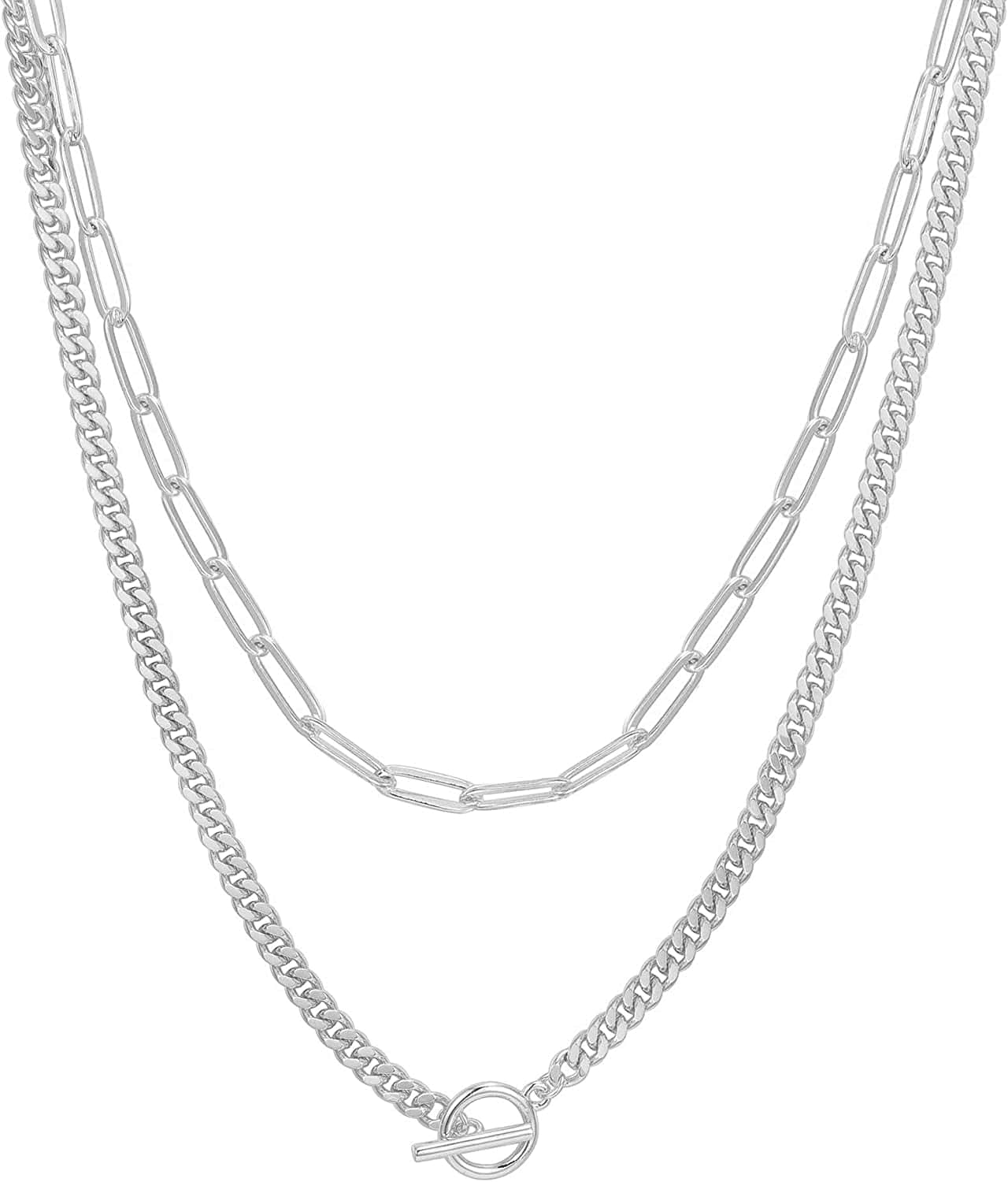 14K Gold Plated Dainty Layering Necklaces for Women | Snake Chain, Curb Link, Paperclip Layered Chains Lock / White Gold