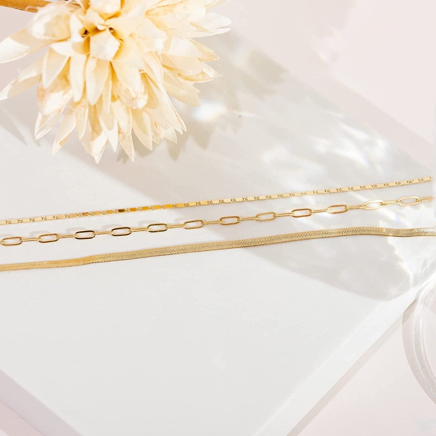 14K Gold Plated Dainty Layering Necklaces for Women | Snake Chain, Curb Link, Paperclip Layered Chains