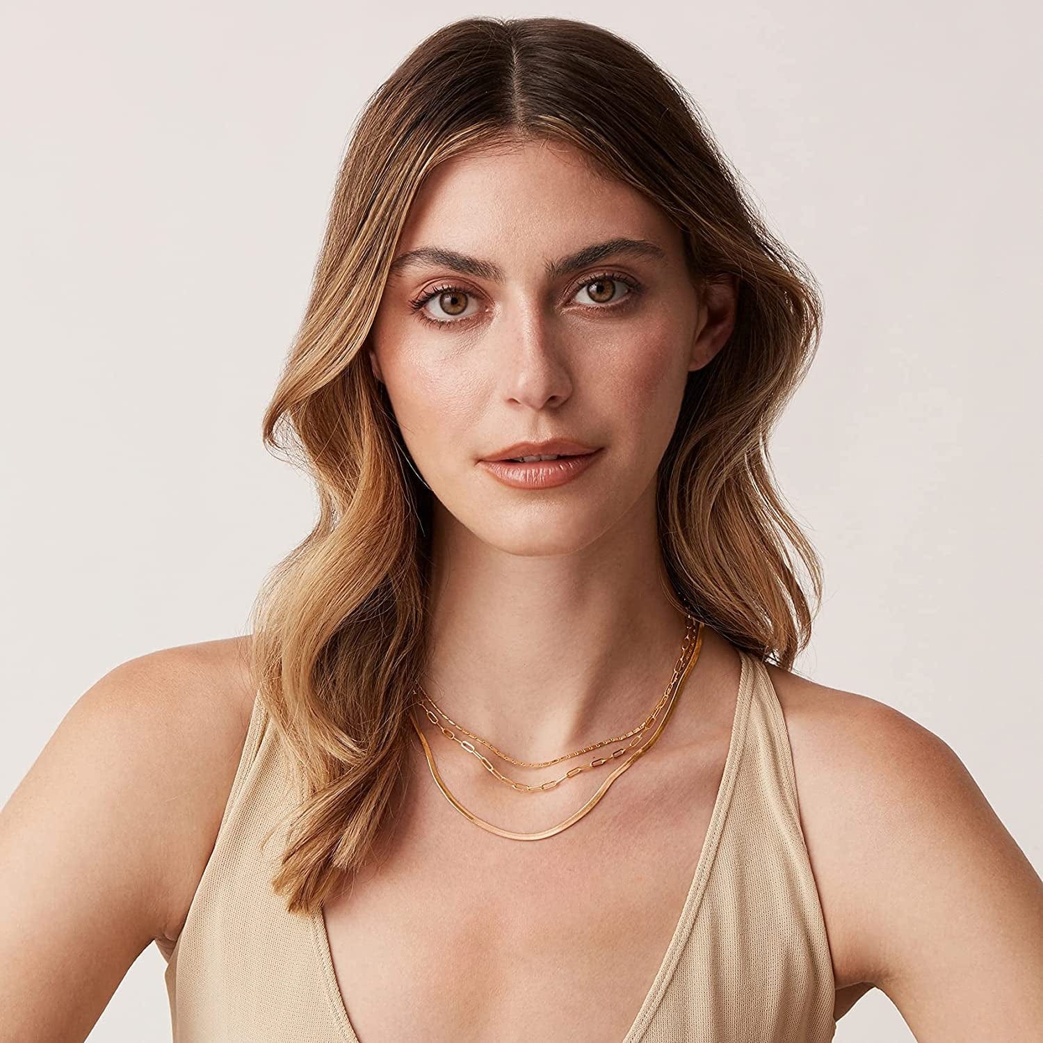 14K Gold Plated Dainty Layering Necklaces for Women | Snake Chain, Curb Link, Paperclip Layered Chains