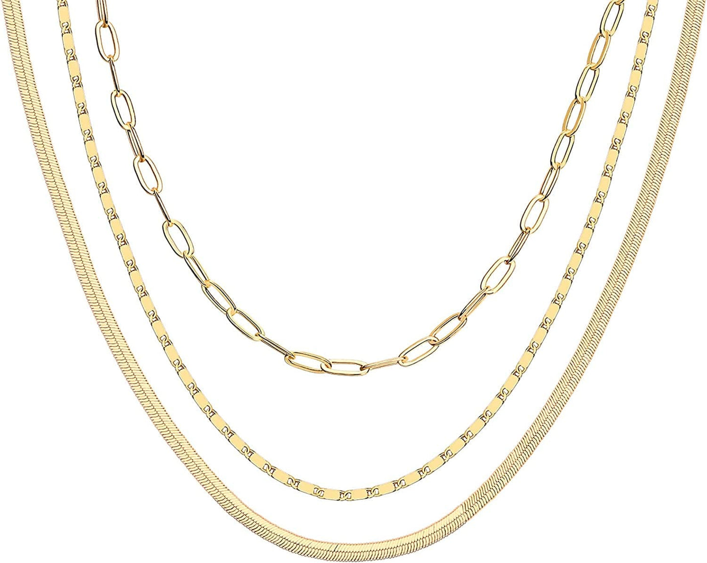 14K Gold Plated Dainty Layering Necklaces for Women | Snake Chain, Curb Link, Paperclip Layered Chains Triple / Yellow Gold