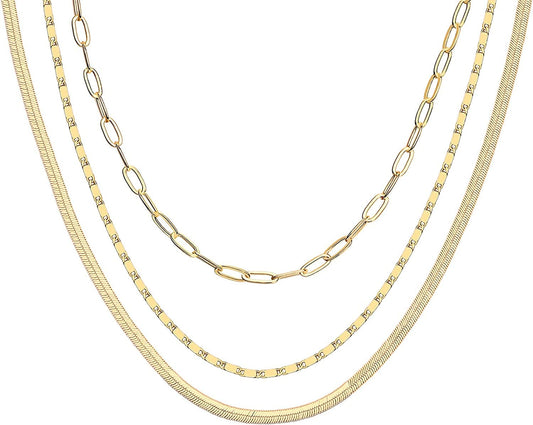 14K Gold Plated Dainty Layering Necklaces for Women | Snake Chain, Curb Link, Paperclip Layered Chains Triple / Yellow Gold