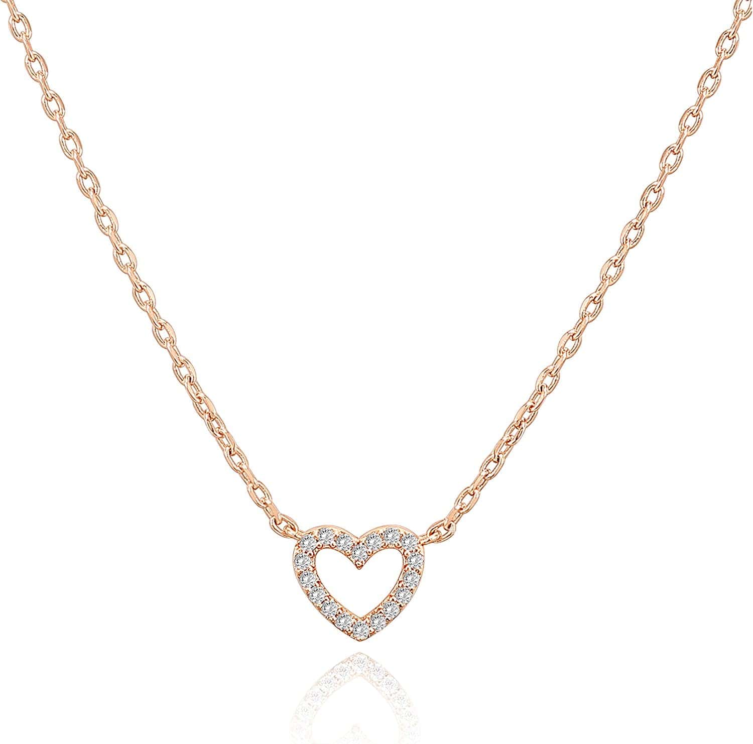14K Gold Plated Dainty Pendant Necklace | Layering Necklaces | Gold Heart Necklace Heart CZ / Rose Gold